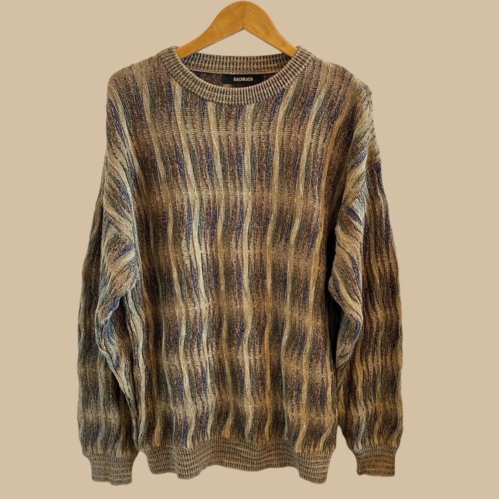 Vintage Bachrach Coogi Style Knit Textured Print Crewneck Sweater